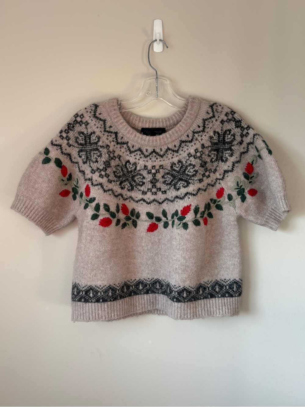 Zara Short Sleeve Embroidered Jacquard Leaf Print Crewneck Knit Sweater Large L